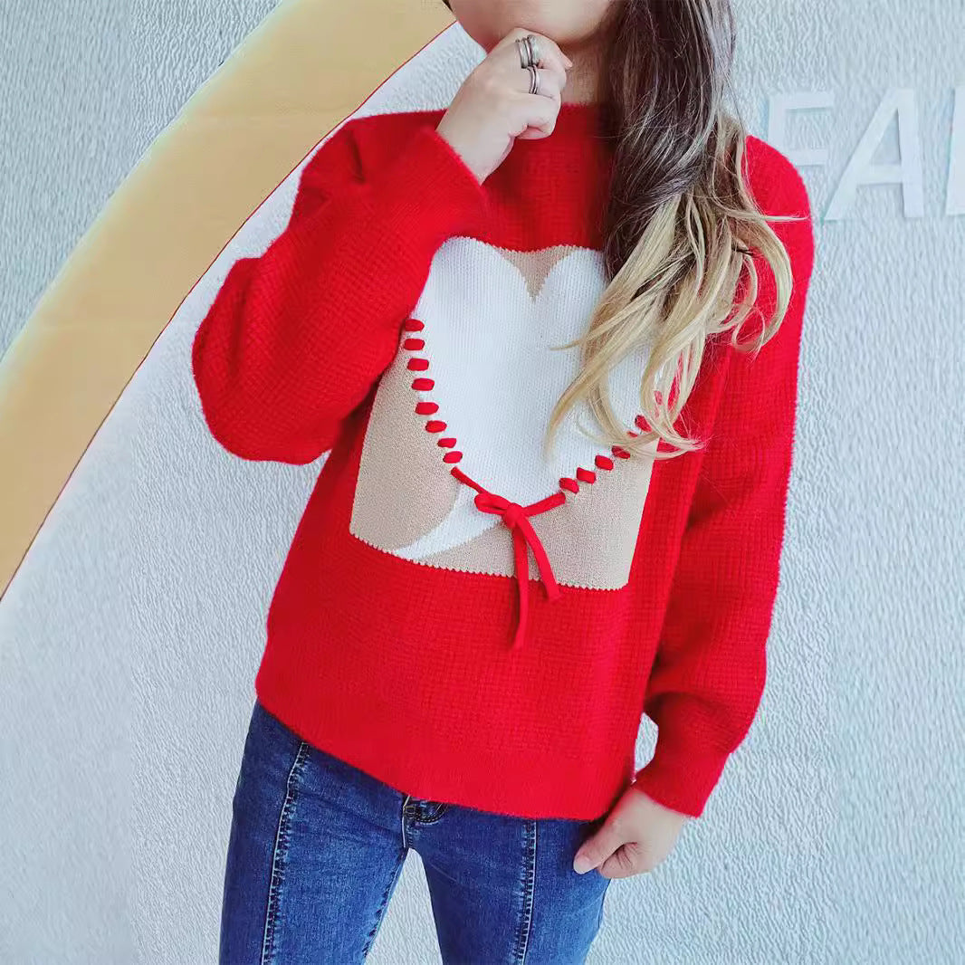 Damen Pullover mit Herzapplikation und Kordelzug