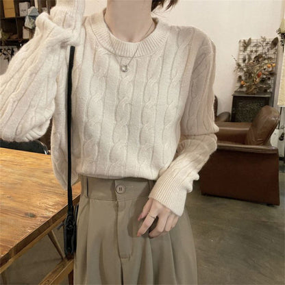 Damen Grobstrickpullover Strukturiertes Zopfmuster Lässig Beige
