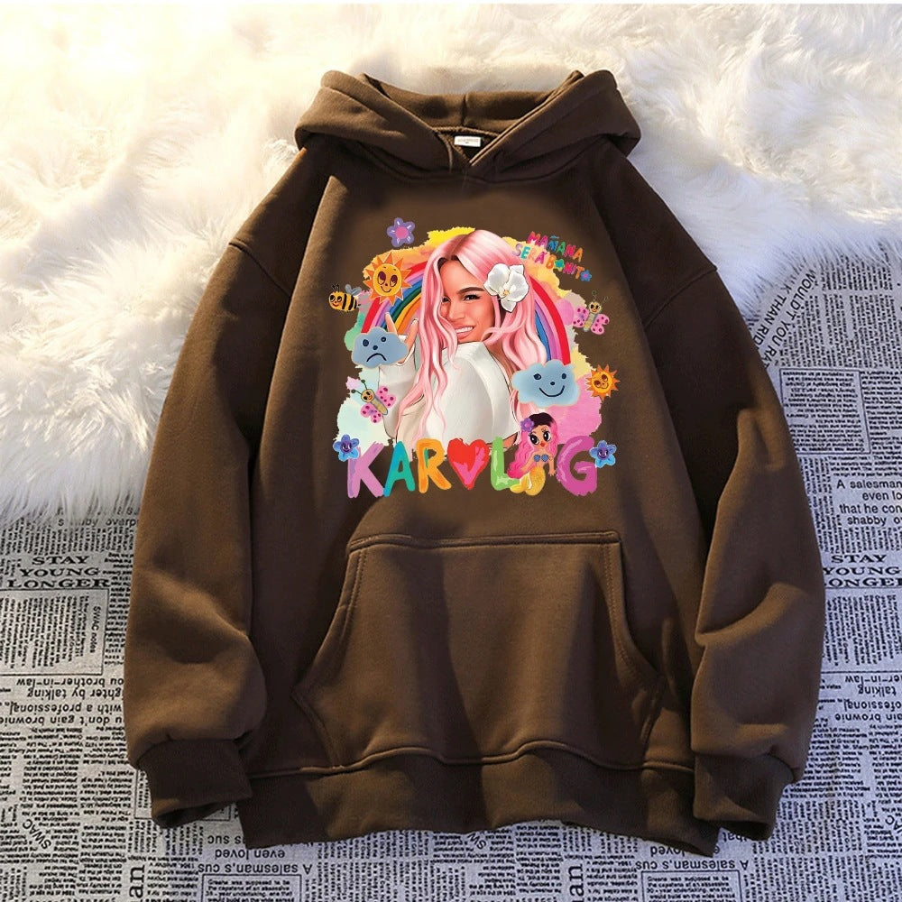 Damen Hoodie Kreativer Druck Kängurutasche Grau