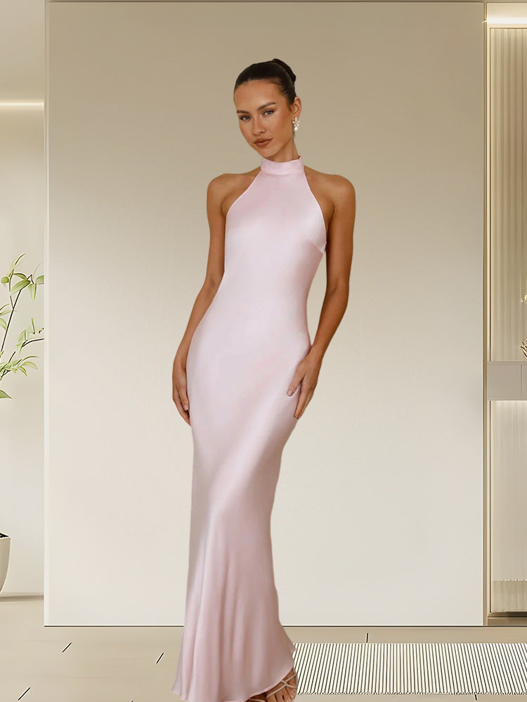 Damen Satin Maxikleid Hochkragen Körpernah Eveloria