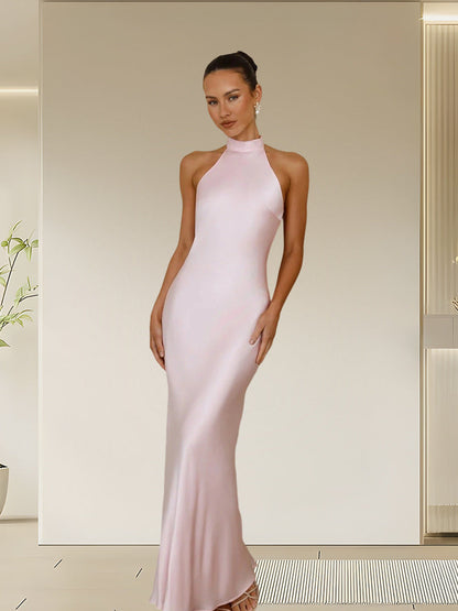 Damen Satin Maxikleid Hochkragen Körpernah Eveloria