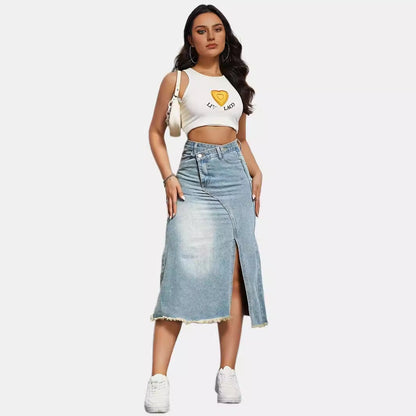 Damen Denim-Rock Asymmetrischer Schlitz Fransiger Saum Länglich