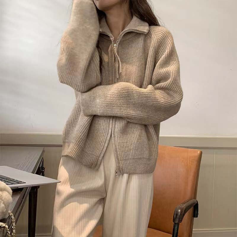 Damen Strickpullover Halbhohes Modell Mit Reißverschluss Beige