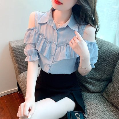Damen Off-Shoulder Bluse Rüschendetails Weiß