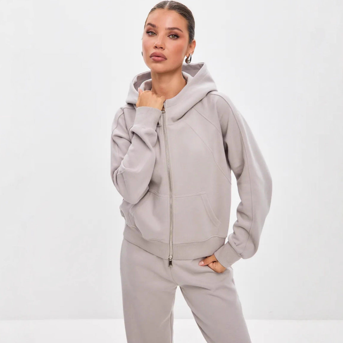Damen Fleece-Jogginganzug mit Reißverschluss und Taschen Schwarz - Eveloria
