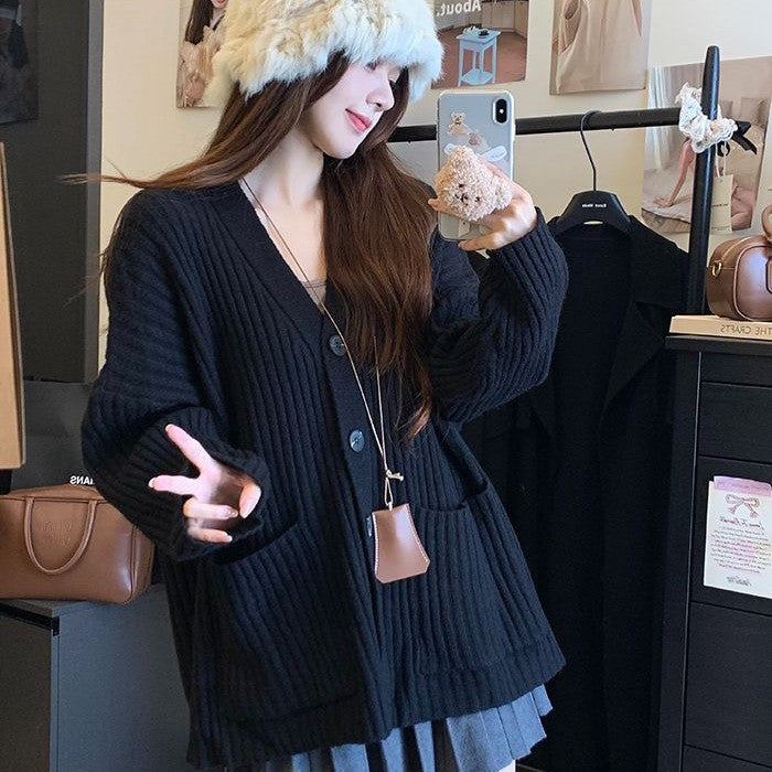 Damen Strickcardigan mit Knöpfen und Taschen Beige