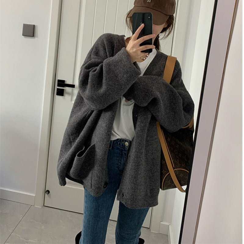 Damen Oversized Strickjacke V-Ausschnitt mit Taschen
