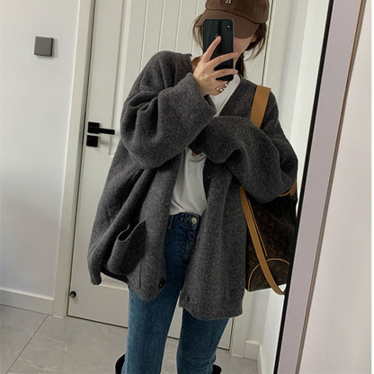 Damen Oversized Strickjacke V-Ausschnitt mit Taschen