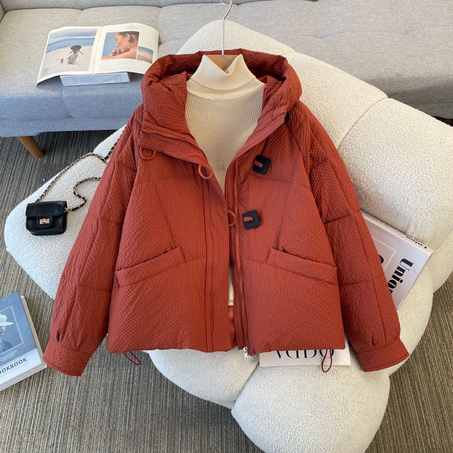Damen Winterjacke Puffy mit Kapuze und Knöpfen Eveloria