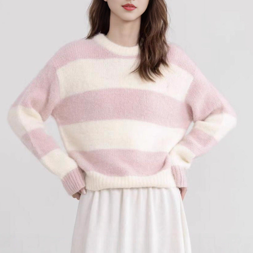 Damen Pullover Streifenmuster Kuschelstoff Beige