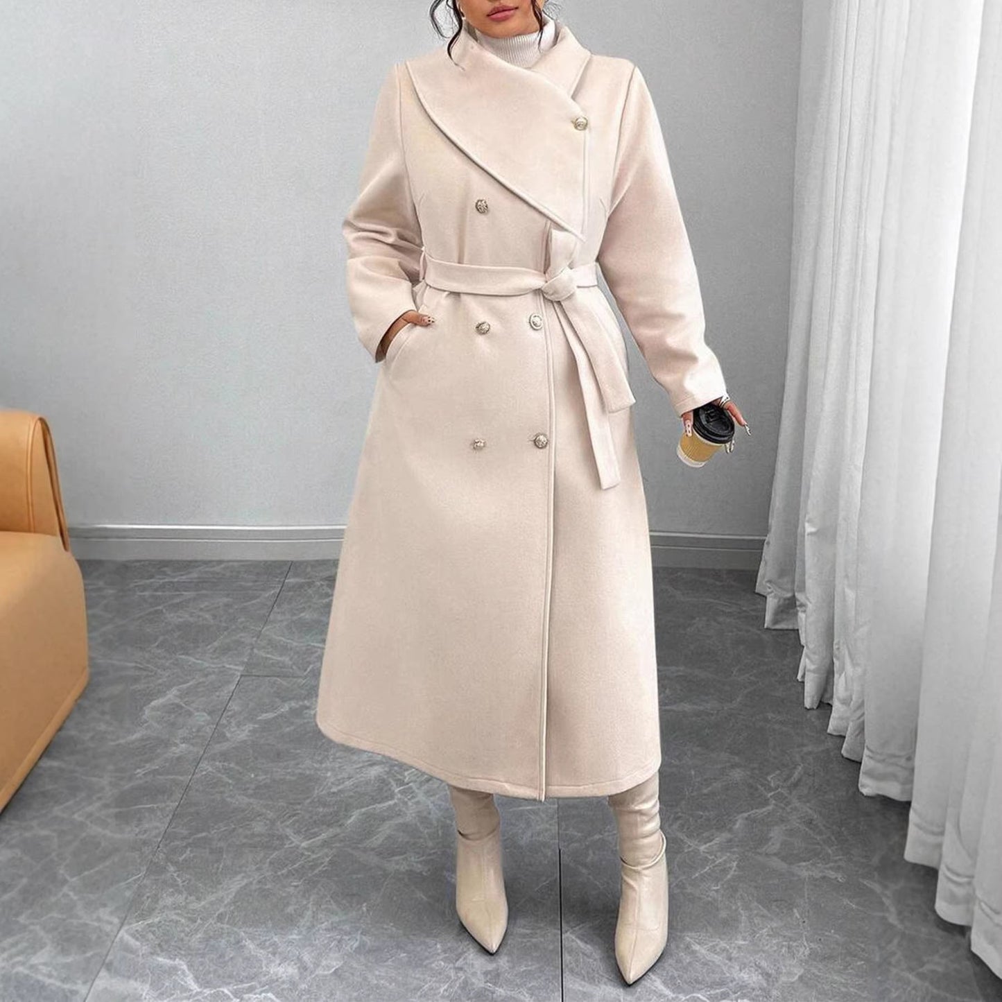 Damen Wollmantel Elegant Doppelter Knopfleiste Gürtel Schwarz Eveloria - Eveloria