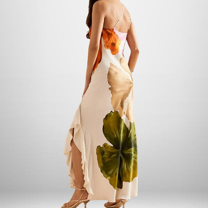 Damen Maxikleid Blumenmuster Asymmetrischer Ausschnitt