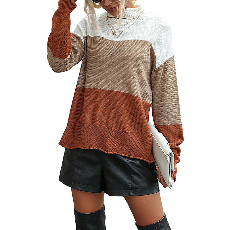 Damen Strickpullover Farbige Blockstreifen Hoher Kragen Eveloria