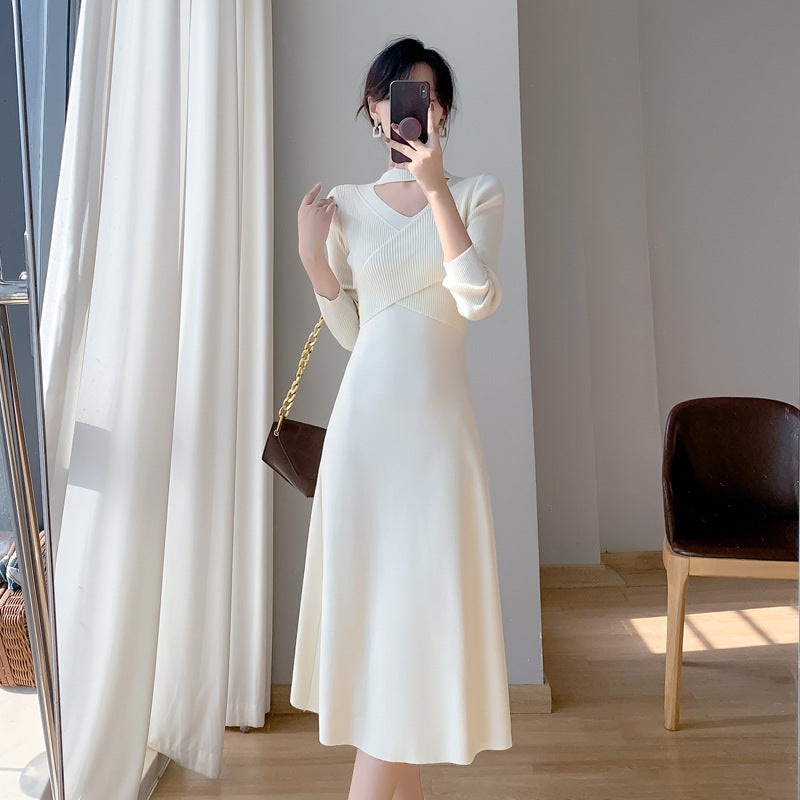 Damen Strickkleid Wickeldesign Cut-Out Elegant