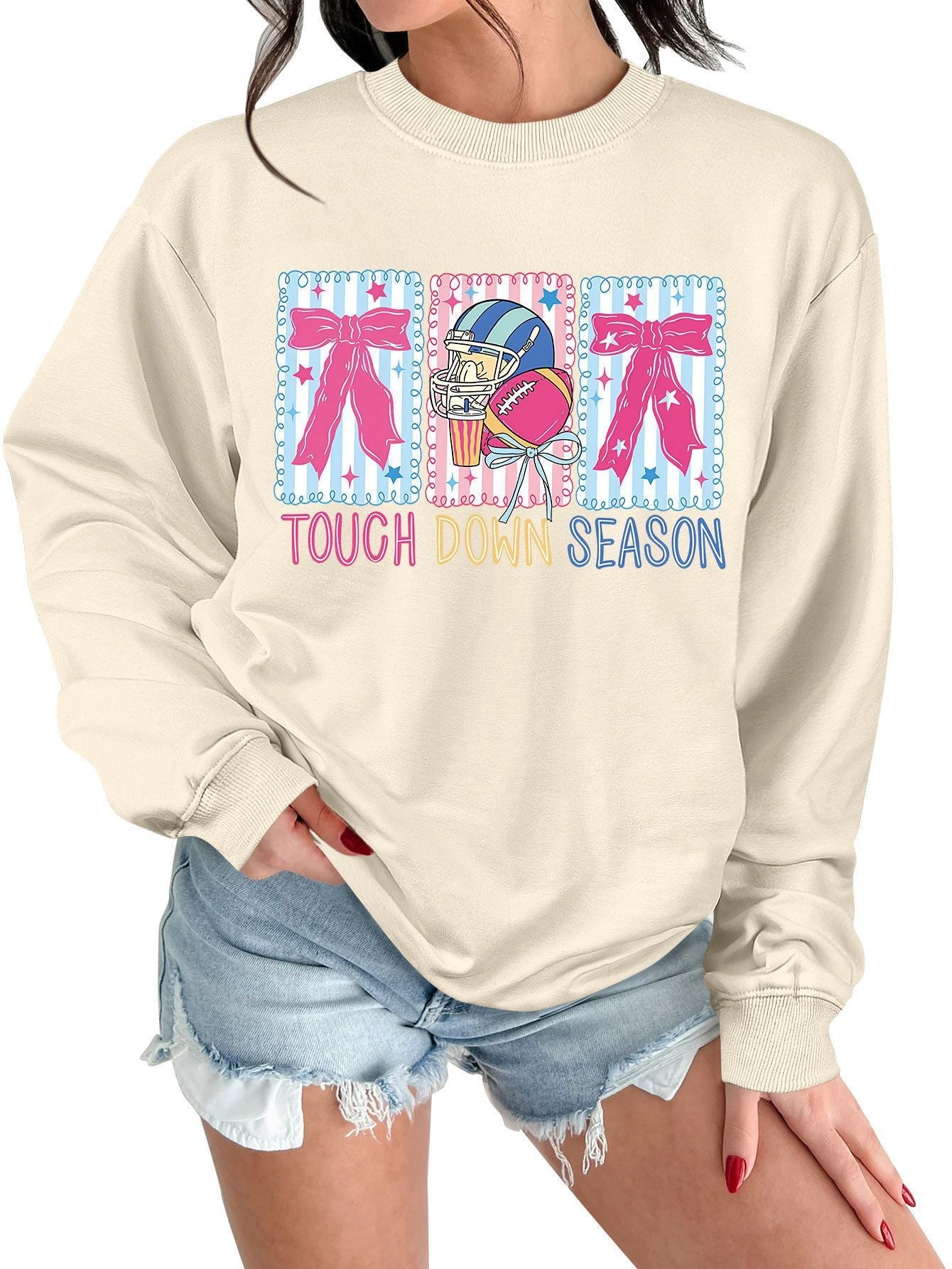 Damen Sweatshirt Football Motiv Lässig Grau Eveloria