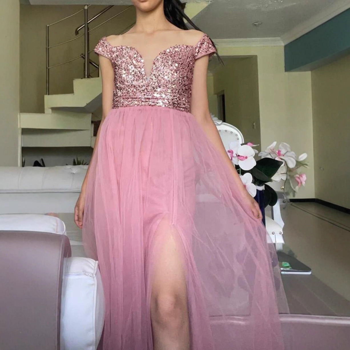 Damen Abendkleid Schimmerndes Oberteil Tüllrock Eveloria