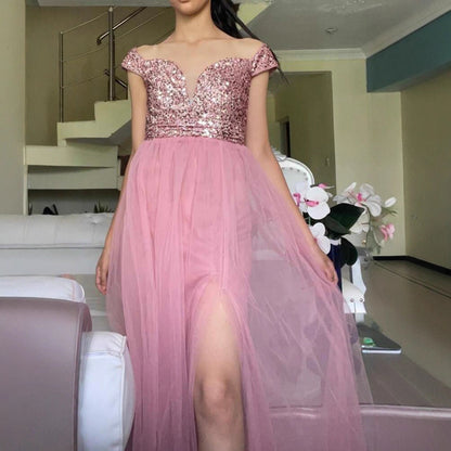 Damen Abendkleid Schimmerndes Oberteil Tüllrock Eveloria