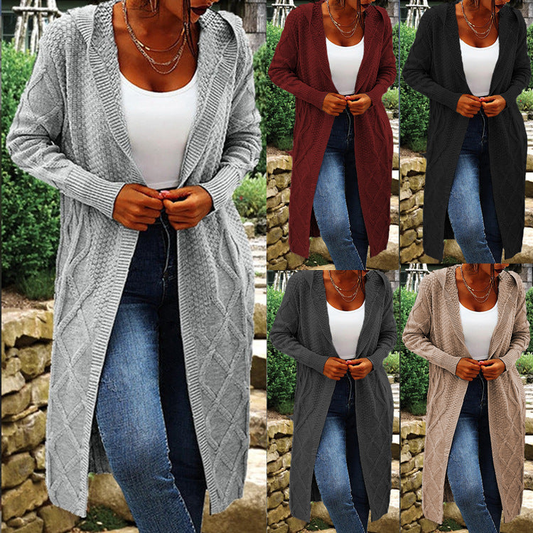 Damen Strickcardigan Lang Hochkragen Zopfmuster Beige - Eveloria