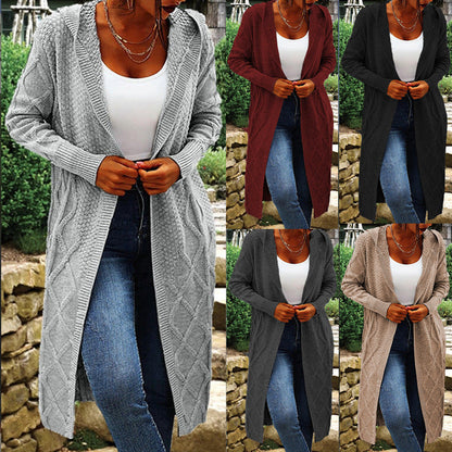 Damen Strickcardigan Lang Hochkragen Zopfmuster Beige - Eveloria