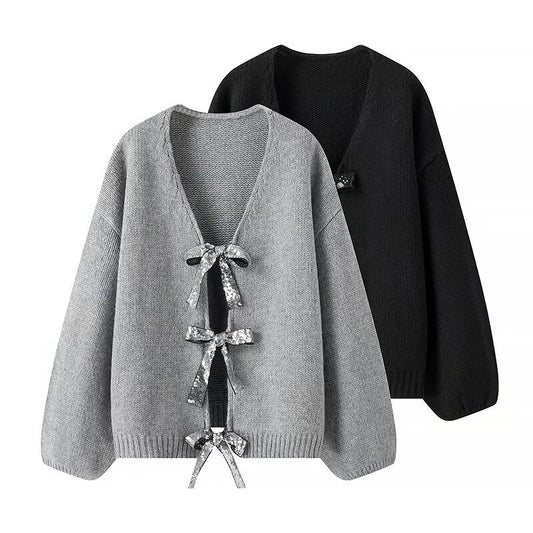Damen Strickjacke Lockere Passform mit Schleifendetails Eveloria - Eveloria