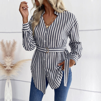 Damen Langarmbluse Tailliert Gürtel Bluse Eveloria