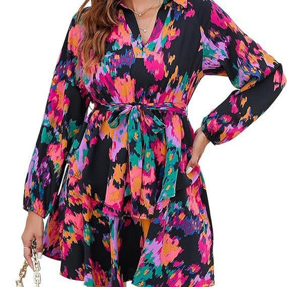 Damen Blusenkleid Floralmuster Mit Bindegürtel Eveloria