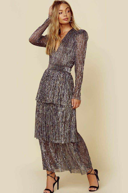 Damen Abendkleid Plissiert Schimmernd Langer Ärmel Eveloria
