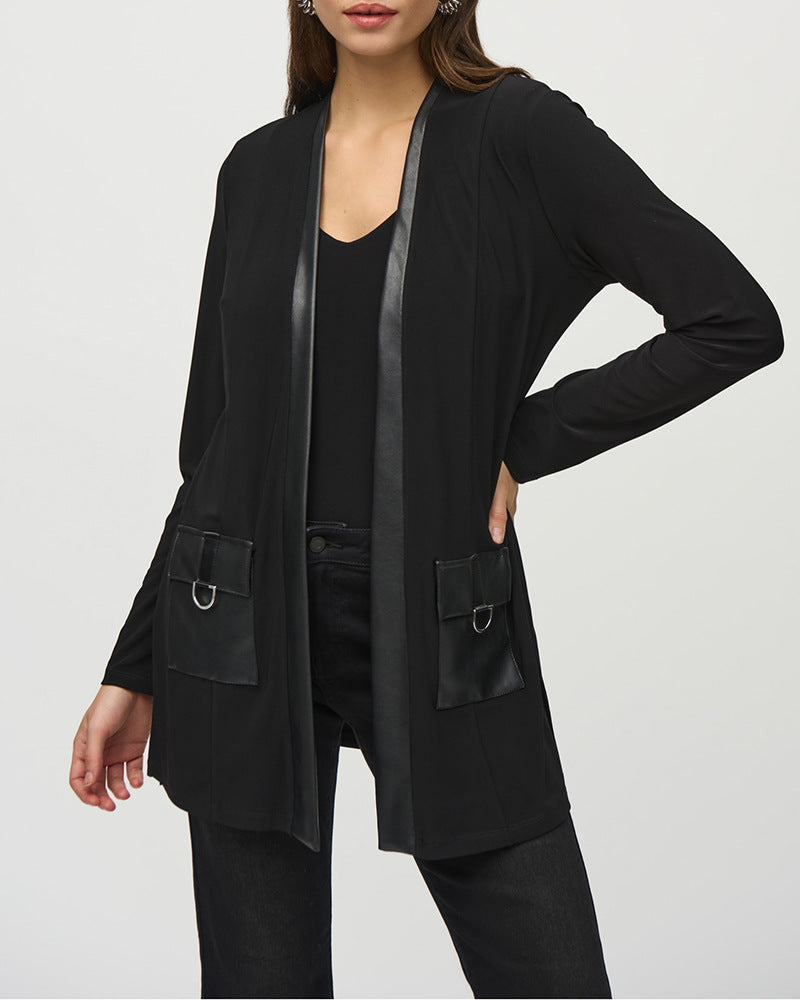 Damen Longjacke Lässig Vegan Lederoptik