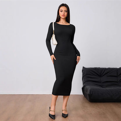 Damen Midi-Kleid Rundhalsausschnitt Länge Ärmel Eveloria