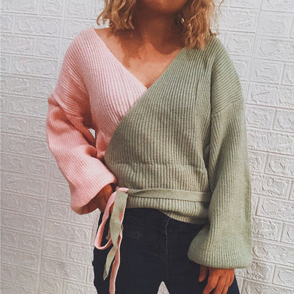 Damen Strickpullover Modernes Wickeldesign Breite Ärmel