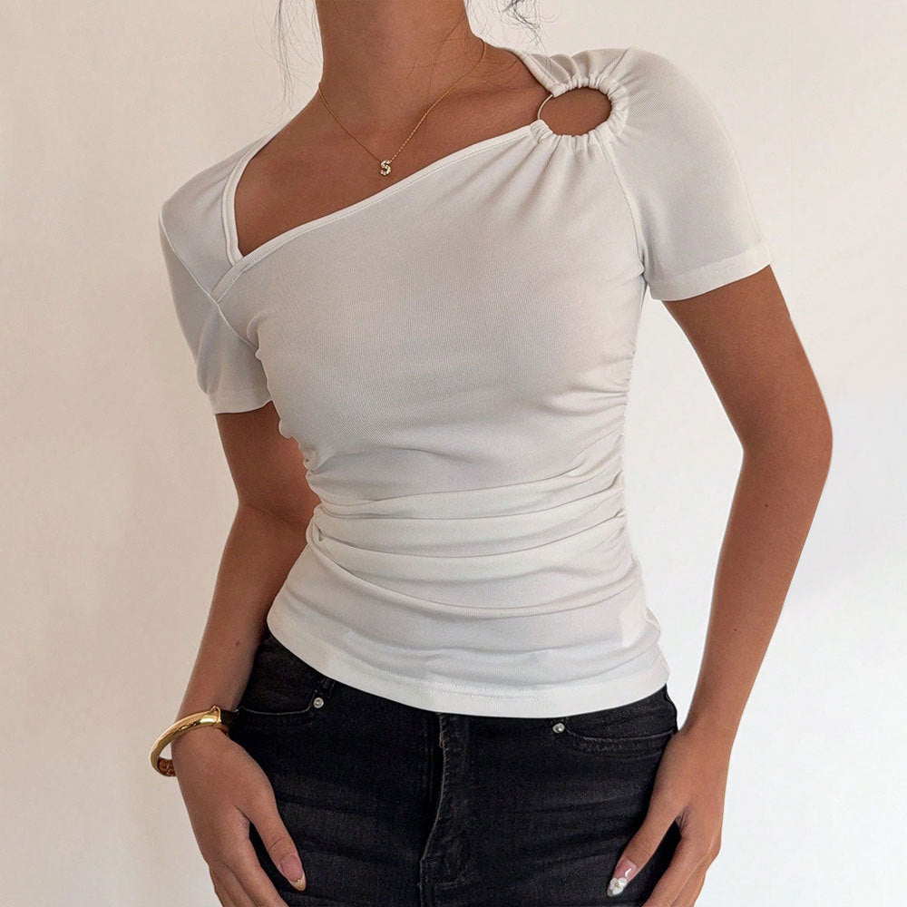 Damen Kurzarmshirt Asymmetrischer Ausschnitt Raffung