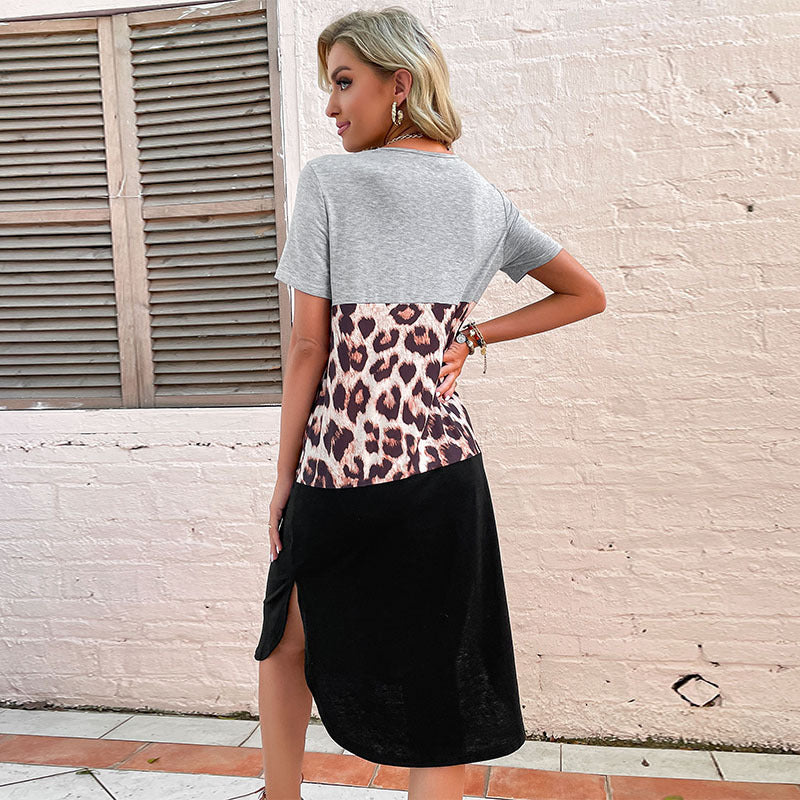 Damen Leoprint Kleid Kurzärmelig Hochschlitz