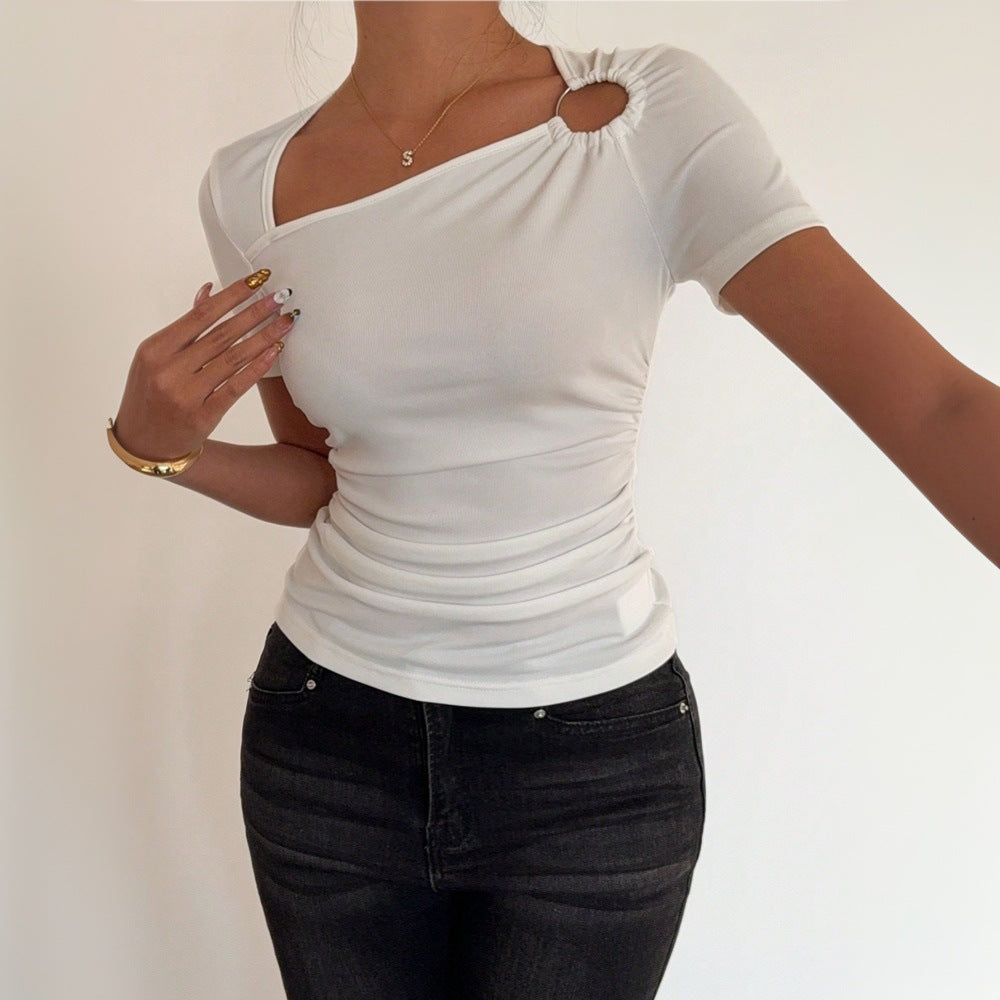 Damen Kurzarmshirt Asymmetrischer Ausschnitt Raffung - Eveloria