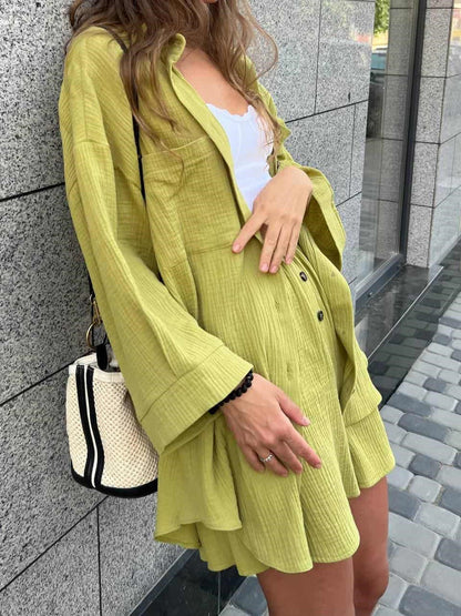 Damen Kurzarm Kombi Set Knopf Oberteil Bequeme Shorts