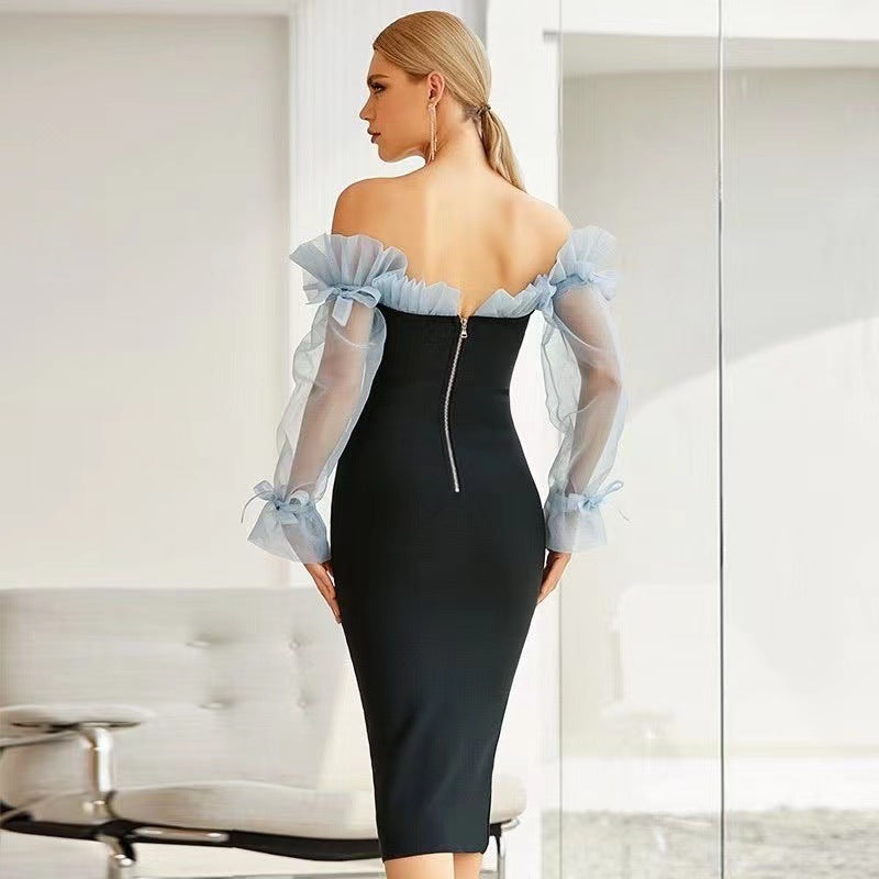 Damen Off-Shoulder Kleid Transparente Rüsche Figurbetont