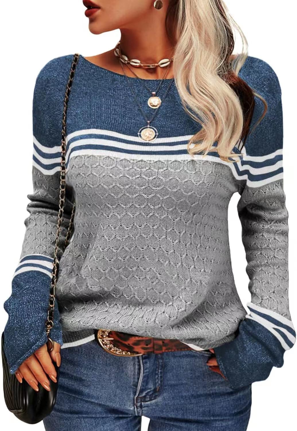 Damen Strickpullover Kontrastfarben Einzigartige Textur Grau