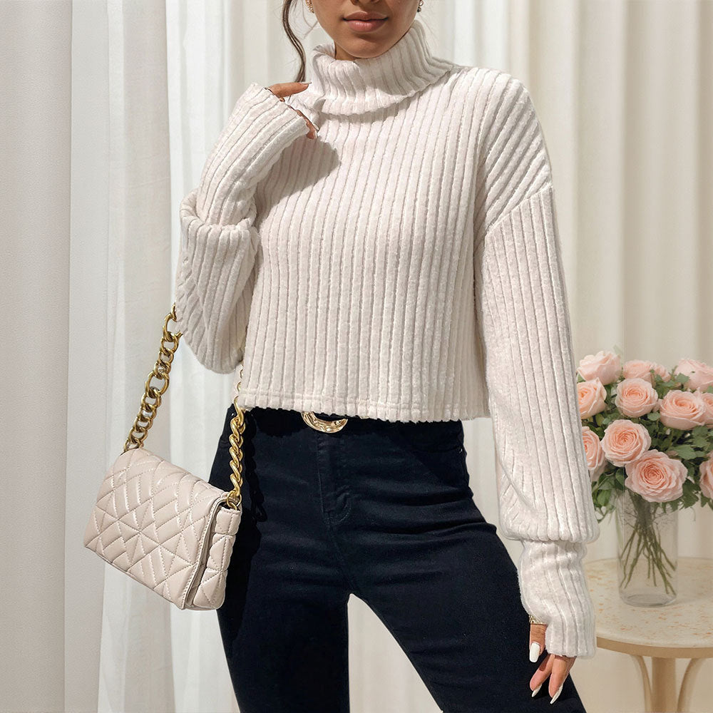 Damen Cropped Pullover Rippstruktur Hochkragen Beige