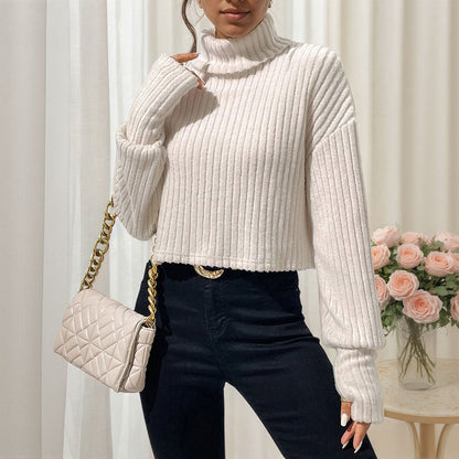 Damen Cropped Pullover Rippstruktur Hochkragen Beige