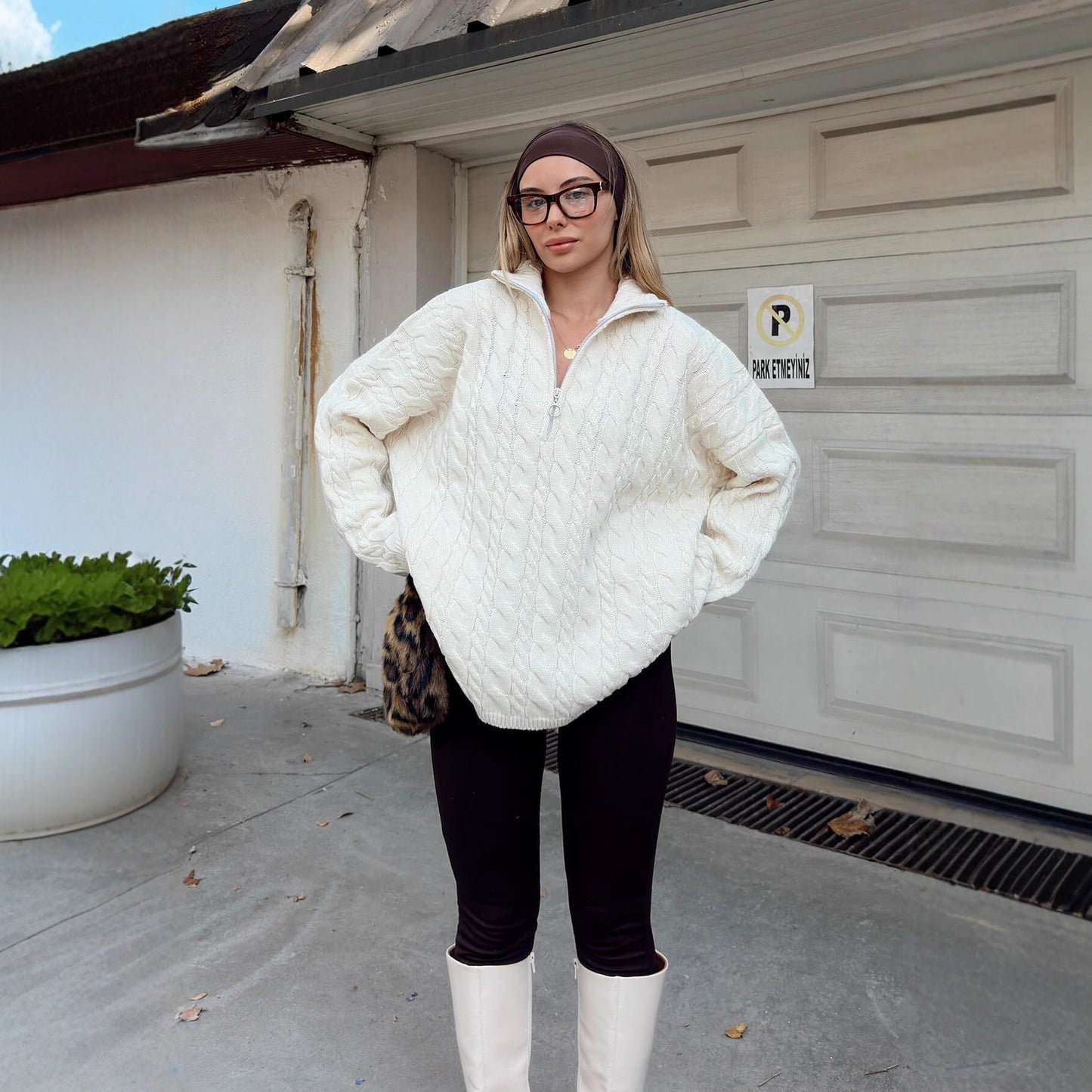Damen Strickpullover Stehkragen Reißverschluss Grau