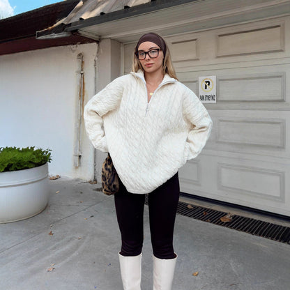 Damen Strickpullover Doppelreißverschluss Hochkragen Eveloria