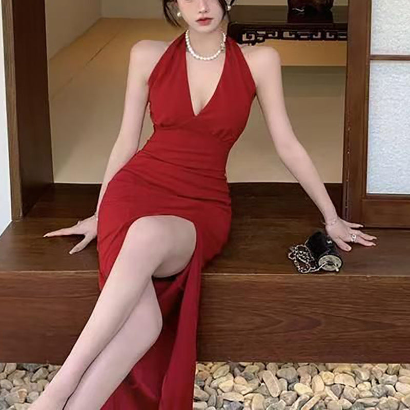 Damen Maxikleid Elegantes V-Ausschnitt Seidenstoff Schwarz - Eveloria