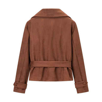 Damen Wildlederjacke Mit Gürtel Tailliert Braun