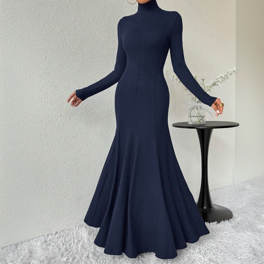 Damen Maxi-Kleid Langarm Hohler Kragen Schwingender Saum Eveloria - Eveloria