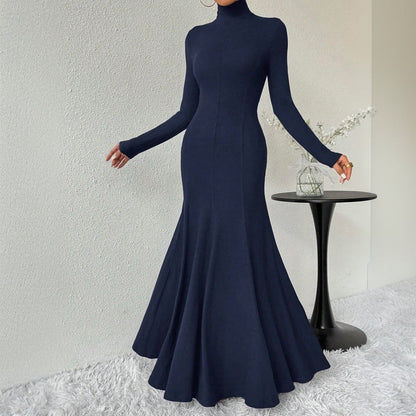 Damen Maxi-Kleid Langarm Hohler Kragen Schwingender Saum Eveloria - Eveloria