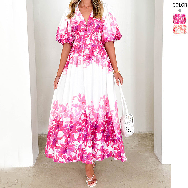 Damen Maxikleid Voluminöse Puffärmel Florales Design - Eveloria
