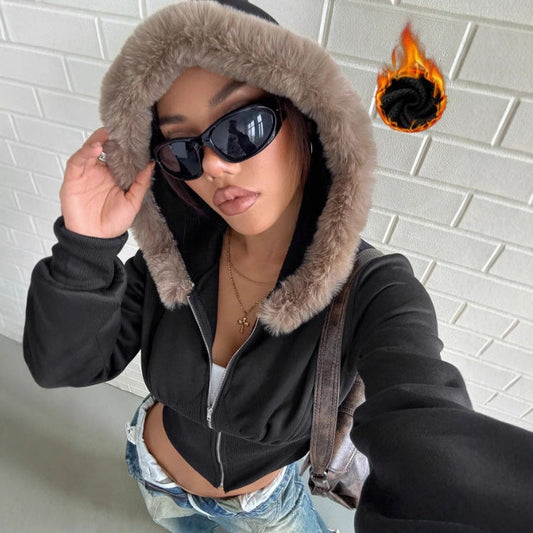 Damen Cropped Hoodie Fellbesatz Schwarz Eveloria - Eveloria