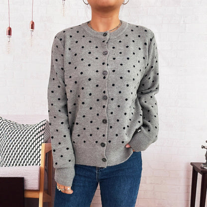 Damen Strickjacke Modern Punkte Knopfleiste Grau