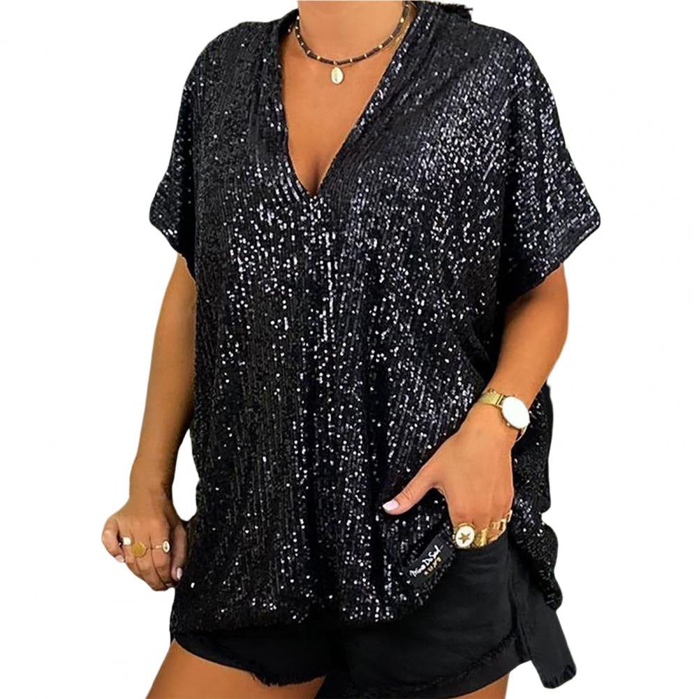 Damen Paillettentop Lässig V-Ausschnitt Glitzernd