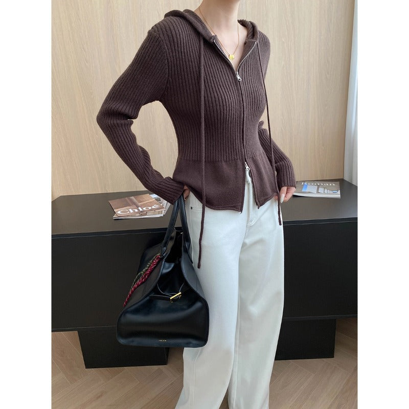 Damen Strickjacke Kapuze Reißverschluss Eveloria