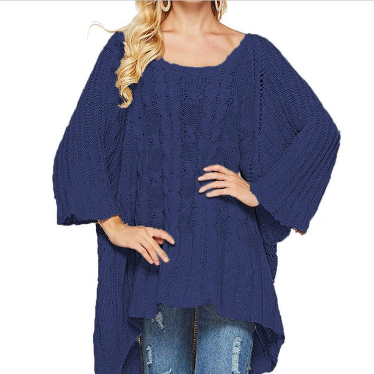 Damen Grobstrick-Poncho Zopfmuster Weite Ärmel Beige